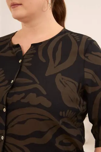 Hakim Yaka Yaprak Desenli Kadın Büyük Beden Gömlek Haki - 2