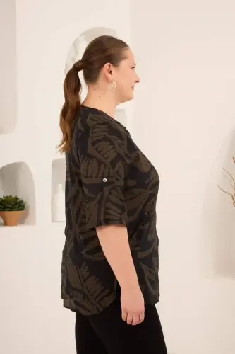 Hakim Yaka Yaprak Desenli Kadın Büyük Beden Gömlek Haki - 3