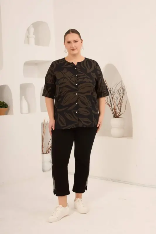 Hakim Yaka Yaprak Desenli Kadın Büyük Beden Gömlek Haki - 5