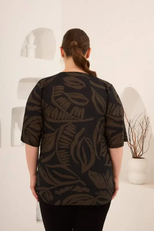 Hakim Yaka Yaprak Desenli Kadın Büyük Beden Gömlek Haki - 6