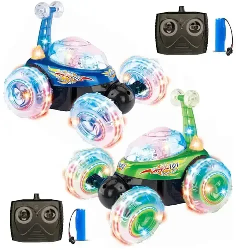 Haktoys 2-Pack Rechargeable RC Tornado Stunt Cars – Remote Control Flip Trucks with 360° Spins & Turbo Twister Action | Double-Sided Stunt Vehicles for Kids Toddlers Boys & Girls (Green & Blue) - 7