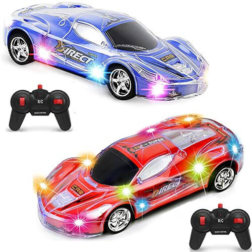 Haktoys 2-Pack Remote Control Sports Cars: Set of Two Radio Control Racing Toy Vehicles with LED Flashing Lights - Perfect for Two Players - 1