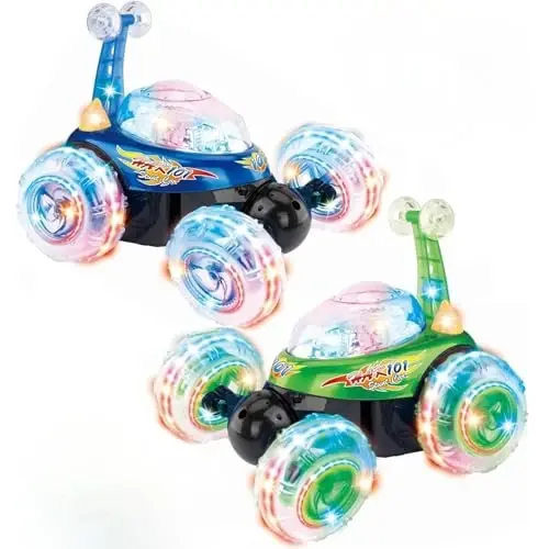 Haktoys 2-Pack Rechargeable RC Tornado Stunt Cars – Remote Control Flip Trucks with 360° Spins & Turbo Twister Action | Double-Sided Stunt Vehicles for Kids Toddlers Boys & Girls (Green & Blue) - 1