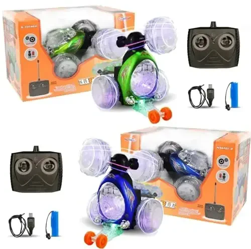 Haktoys 2-Pack Rechargeable RC Tornado Stunt Cars – Remote Control Flip Trucks with 360° Spins & Turbo Twister Action | Double-Sided Stunt Vehicles for Kids Toddlers Boys & Girls (Green & Blue) - 3