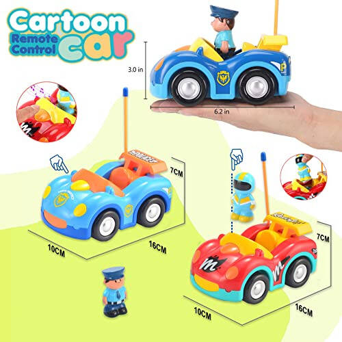 Remote Control Cartoon Police and Racing Cars: RC Toys for Toddlers Kids Boys and Girls - Set of 2 Vehicles for Simultaneous Play - 19