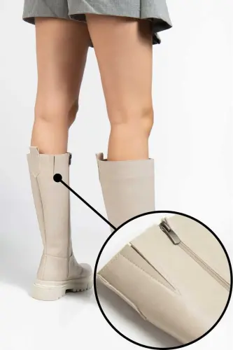 Halaf Knee High Long Zippered Beige Women's Boot-BEIGE - 2