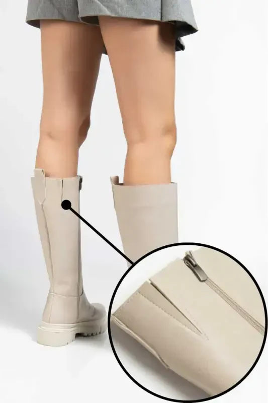 Halaf Knee High Long Zippered Beige Women's Boot-BEIGE - 2