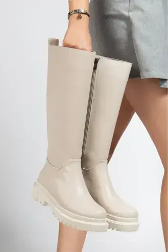 Halaf Knee High Long Zippered Beige Women's Boot-BEIGE - 3