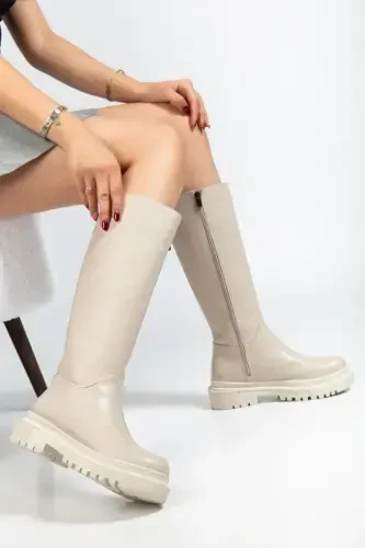 Halaf Knee High Long Zippered Beige Women's Boot-BEIGE - 4