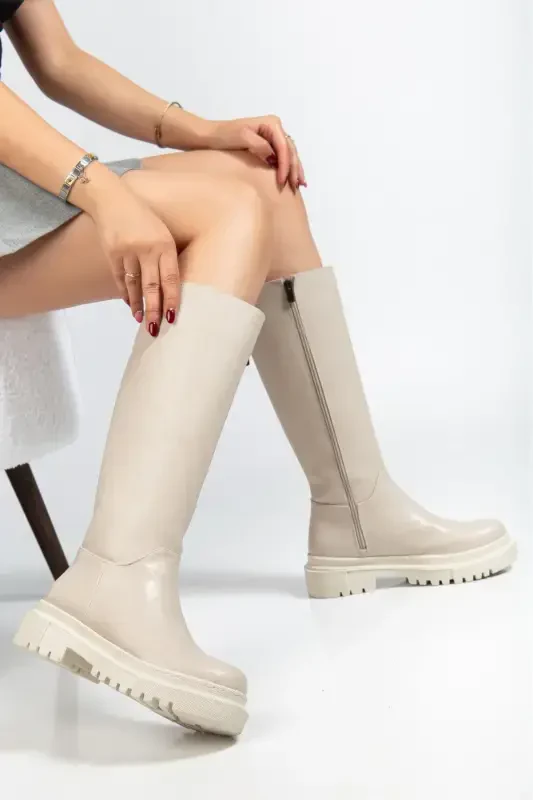 Halaf Knee High Long Zippered Beige Women's Boot-BEIGE - 4