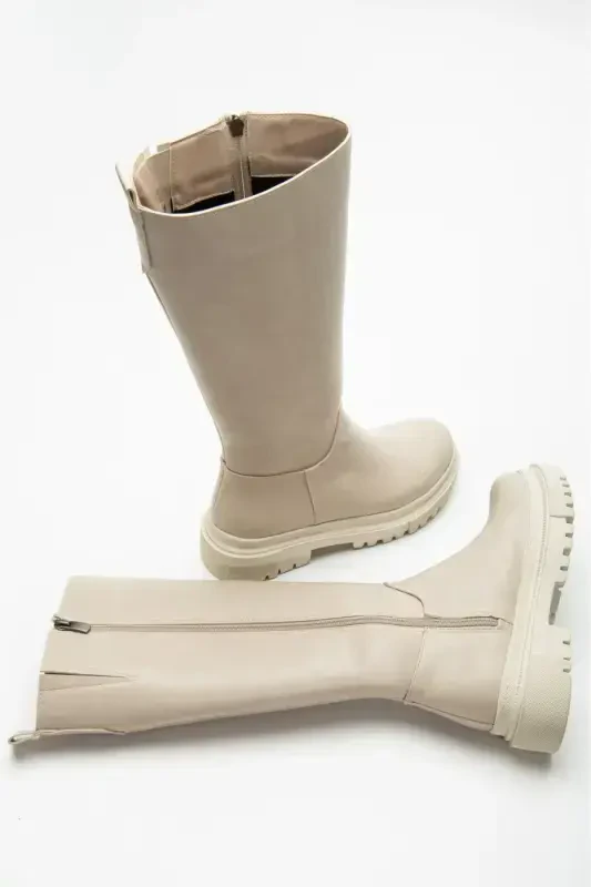 Halaf Knee High Long Zippered Beige Women's Boot-BEIGE - 6