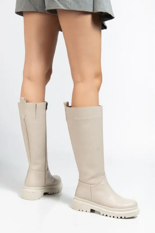 Halaf Knee-High Long Zippered Beige Women's Boots - BEIGE - 5