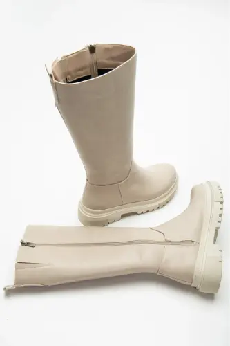 Halaf Knee-High Long Zippered Beige Women's Boots - BEIGE - 6