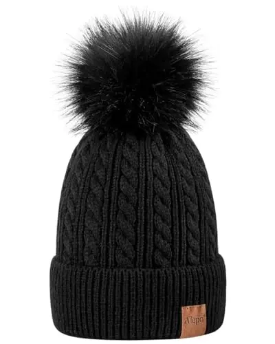 Alepo Womens Winter Beanie Hat, Warm Fleece Lined Knitted Soft Ski Cuff Cap with Pom Pom 
