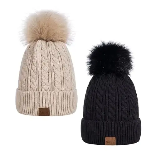 Alepo Womens Winter Beanie Hat, Warm Fleece Lined Knitted Soft Ski Cuff Cap with Pom Pom - 1