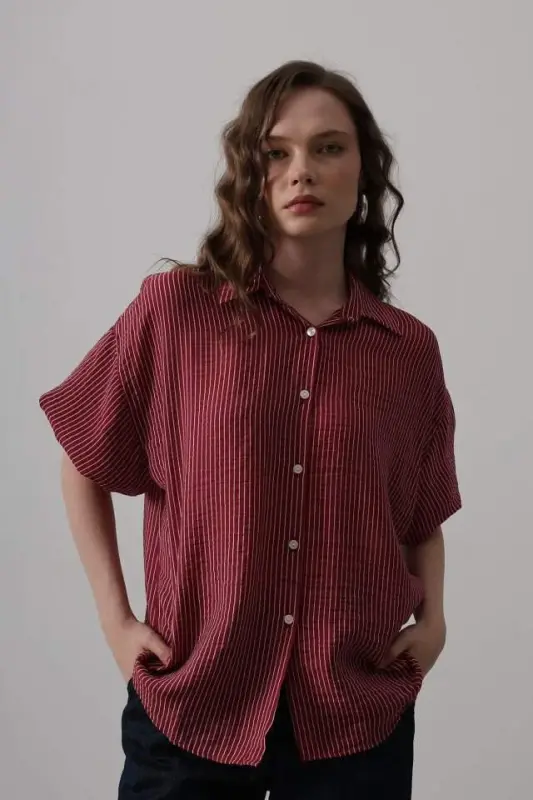 Half Balloon Sleeve Striped Shirt - Burgundy - BÜYÜKBEDENIZ