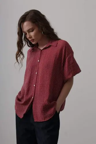 Half Balloon Sleeve Striped Shirt - Burgundy - BÜYÜKBEDENIZ (1)