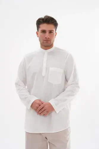 HALF BUTTONED COLLAR LINEN SHIRT FOR HAJJ AND UMRA - OFF WHITE - 1