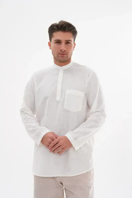 HALF BUTTONED COLLAR LINEN SHIRT FOR HAJJ AND UMRA - OFF WHITE - BESEDU