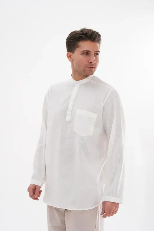 HALF BUTTONED COLLAR LINEN SHIRT FOR HAJJ AND UMRA - OFF WHITE - 2