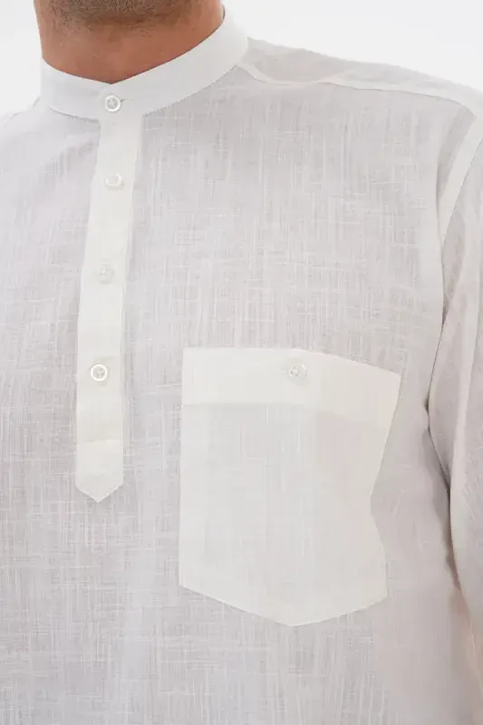 HALF BUTTONED COLLAR LINEN SHIRT FOR HAJJ AND UMRA - OFF WHITE - 3