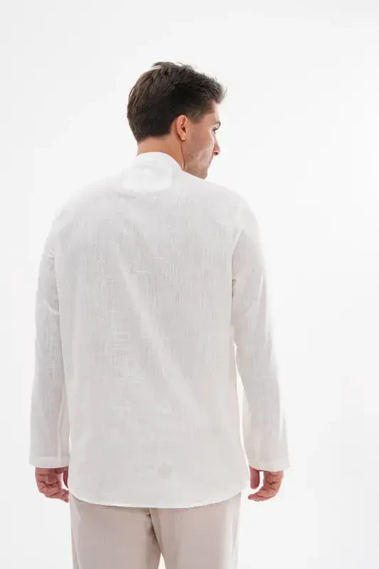 HALF BUTTONED COLLAR LINEN SHIRT FOR HAJJ AND UMRA - OFF WHITE - 4
