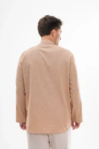 HALF BUTTONED GRANDAD COLLAR LINEN SHIRT FOR HAJJ & UMRAH-LIGHT BROWN - 1