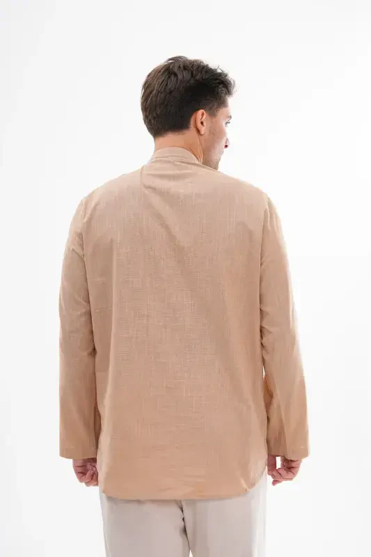 HALF BUTTONED GRANDAD COLLAR LINEN SHIRT FOR HAJJ & UMRAH-LIGHT BROWN - 1