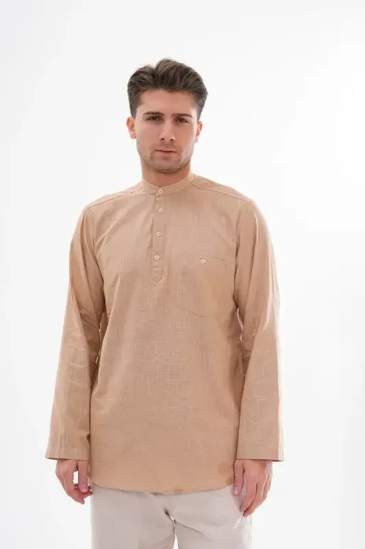 HALF BUTTONED GRANDAD COLLAR LINEN SHIRT FOR HAJJ & UMRAH-LIGHT BROWN - 3