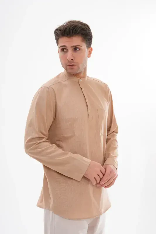 HALF BUTTONED GRANDAD COLLAR LINEN SHIRT FOR HAJJ & UMRAH-LIGHT BROWN - 4