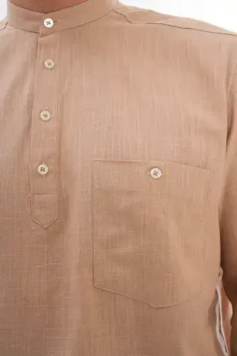 HALF BUTTONED GRANDAD COLLAR LINEN SHIRT FOR HAJJ & UMRAH-LIGHT BROWN - 5
