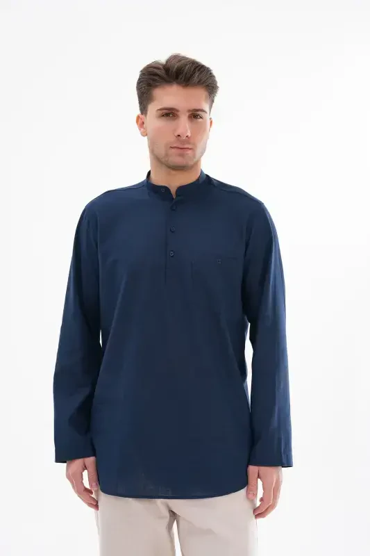 HALF BUTTONED JUDGE COLLAR LINEN SHIRT FOR HAJJ AND UMRA - NAVY BLUE - BESEDU