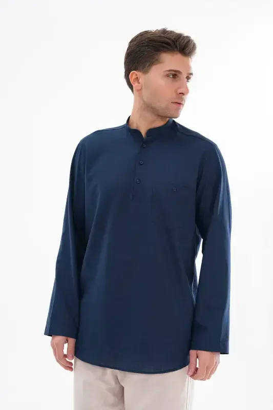 HALF BUTTONED JUDGE COLLAR LINEN SHIRT FOR HAJJ AND UMRA - NAVY BLUE - 2