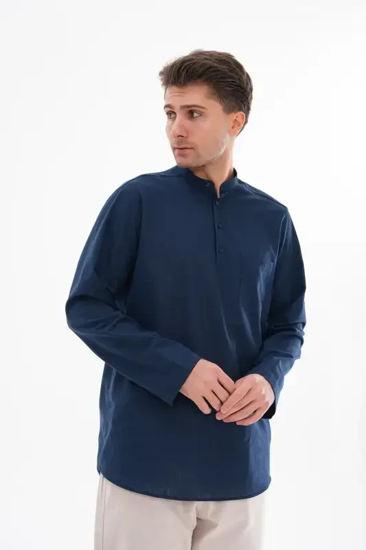 HALF BUTTONED JUDGE COLLAR LINEN SHIRT FOR HAJJ AND UMRA - NAVY BLUE - 3