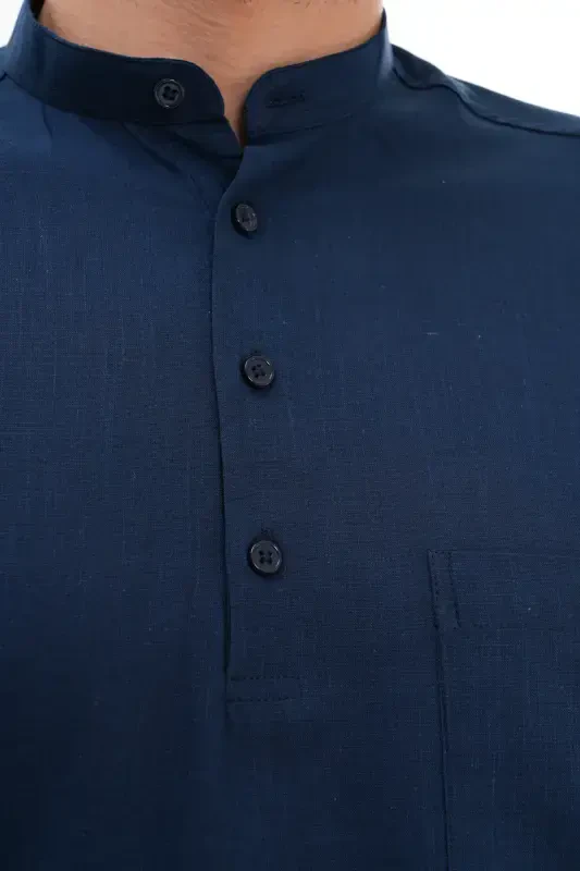 HALF BUTTONED JUDGE COLLAR LINEN SHIRT FOR HAJJ AND UMRA - NAVY BLUE - 4