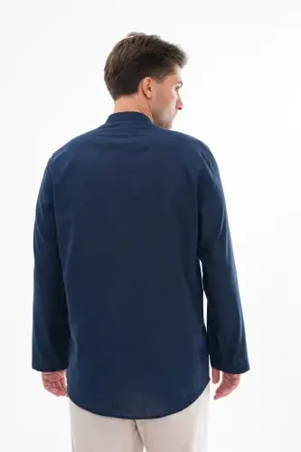HALF BUTTONED JUDGE COLLAR LINEN SHIRT FOR HAJJ AND UMRA - NAVY BLUE - 5