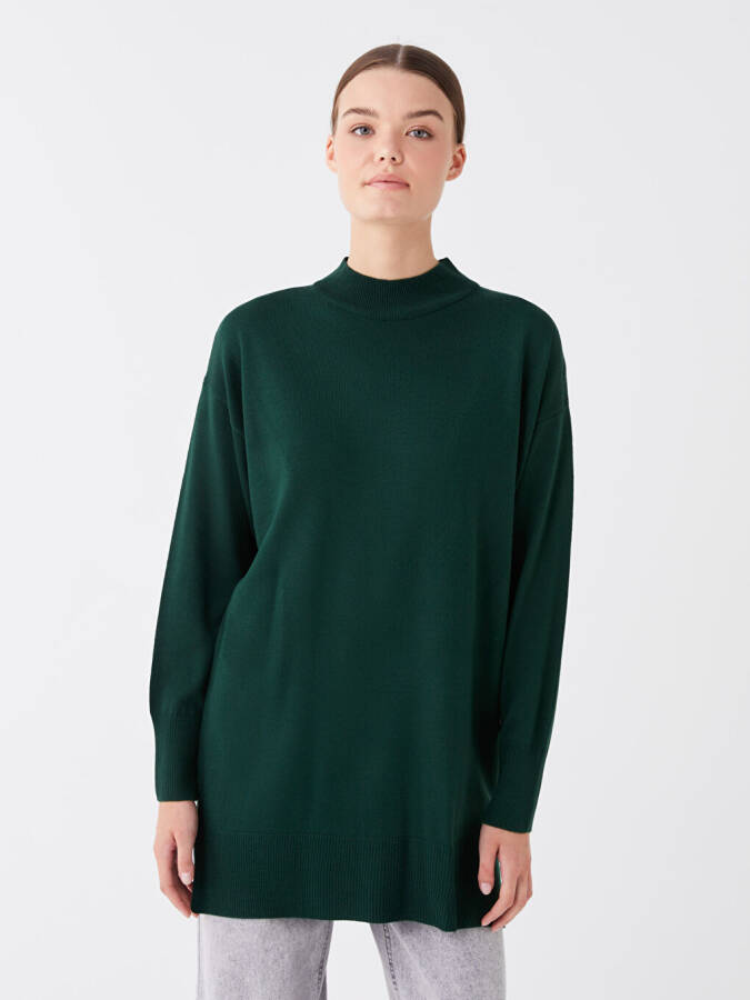Half Fisherman Collar Plain Long Sleeve Women's Knit Tunic - 1