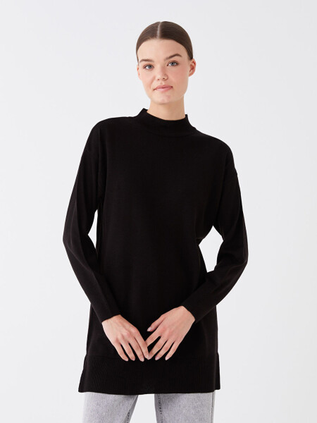 Half Fisherman Neck Straight Long Sleeve Women's Knit Tunic - Black - LC WAIKIKI