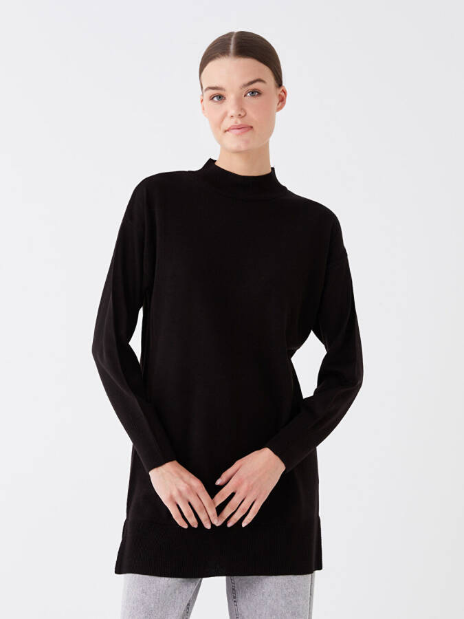 Half Fisherman Neck Straight Long Sleeve Women's Knit Tunic - Black - 1
