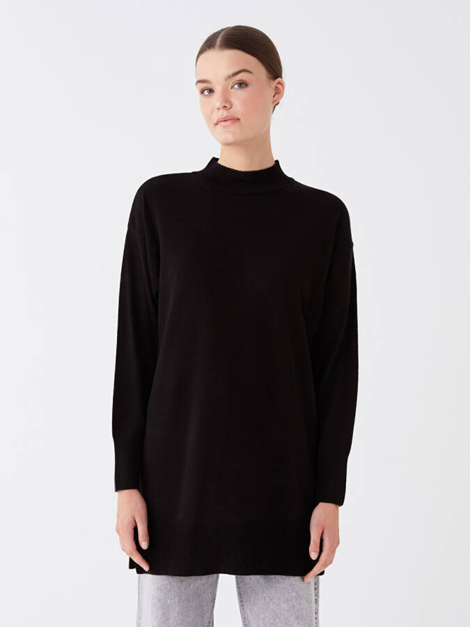 Half Fisherman Neck Straight Long Sleeve Women's Knit Tunic - Black - 3