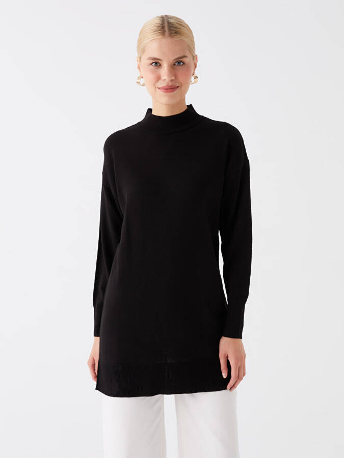 Half Fisherman Neck Straight Long Sleeve Women's Knit Tunic - Black - 4