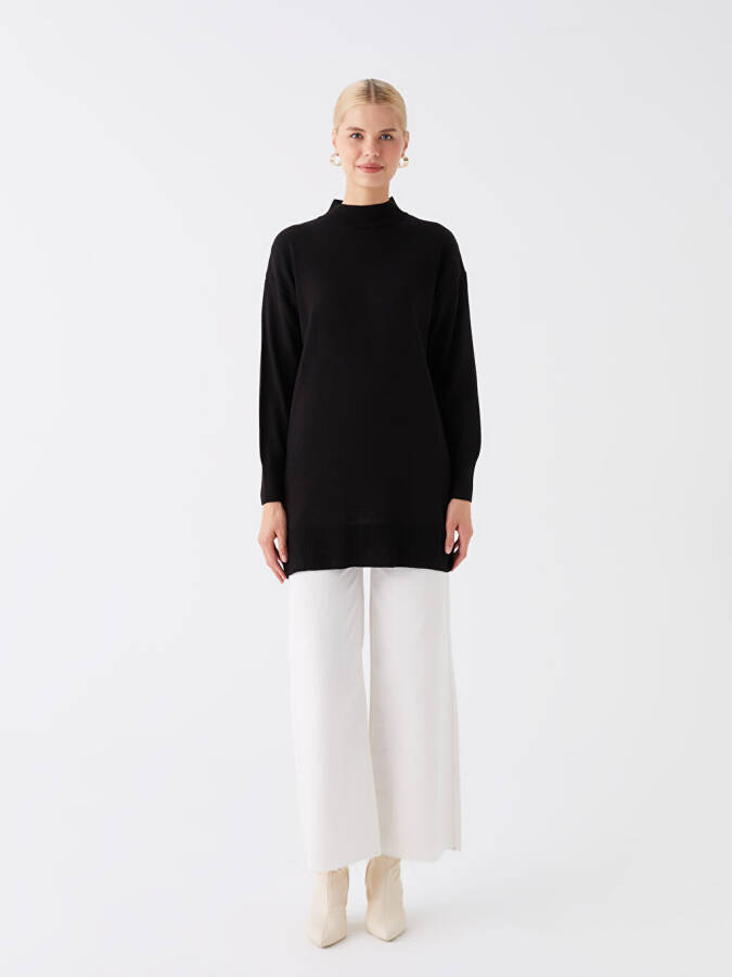 Half Fisherman Neck Straight Long Sleeve Women's Knit Tunic - Black - 6