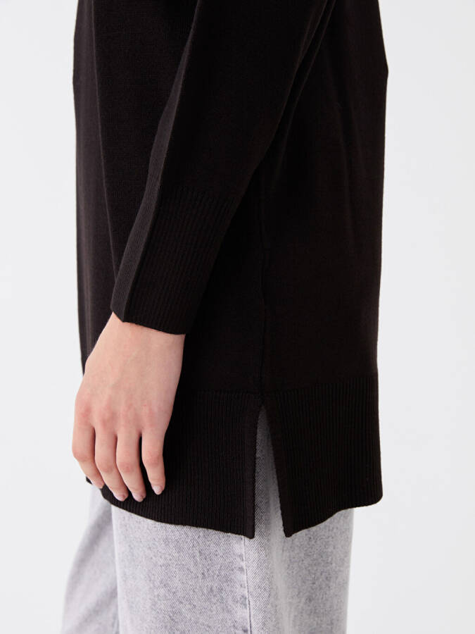 Half Fisherman Neck Straight Long Sleeve Women's Knit Tunic - Black - 7