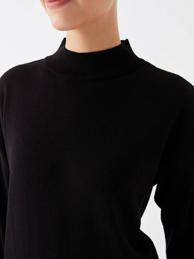 Half Fisherman Neck Straight Long Sleeve Women's Knit Tunic - Black - 8