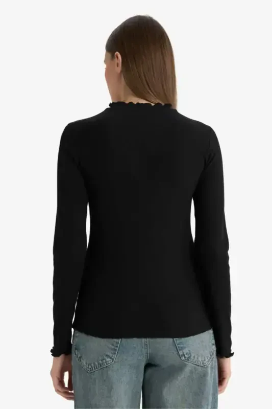 Half Fisherman's Ribbed Knit Turtleneck Long Sleeve Modest T-Shirt-Black - 7