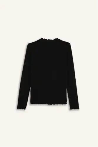 Half Fisherman's Ribbed Knit Turtleneck Long Sleeve Modest T-Shirt-Black - 10