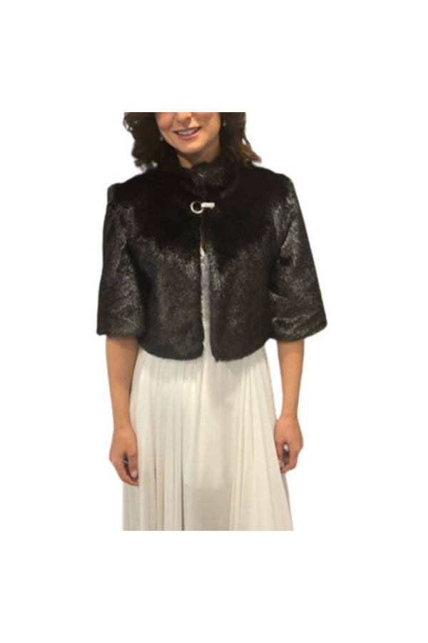 Half Sleeve Brooch Detailed Bridal Stole Fur Bolero - 1