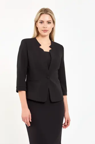 Half Sleeve Jacket Skirt Suit-Black - 2