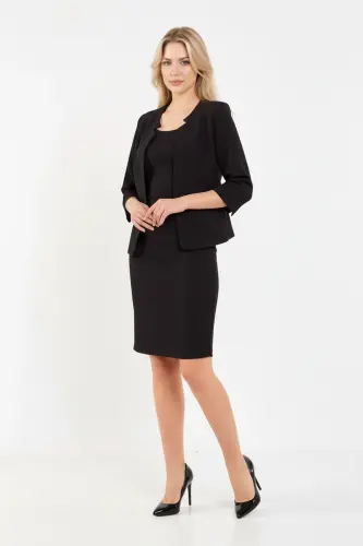Half Sleeve Jacket Skirt Suit-Black - 3