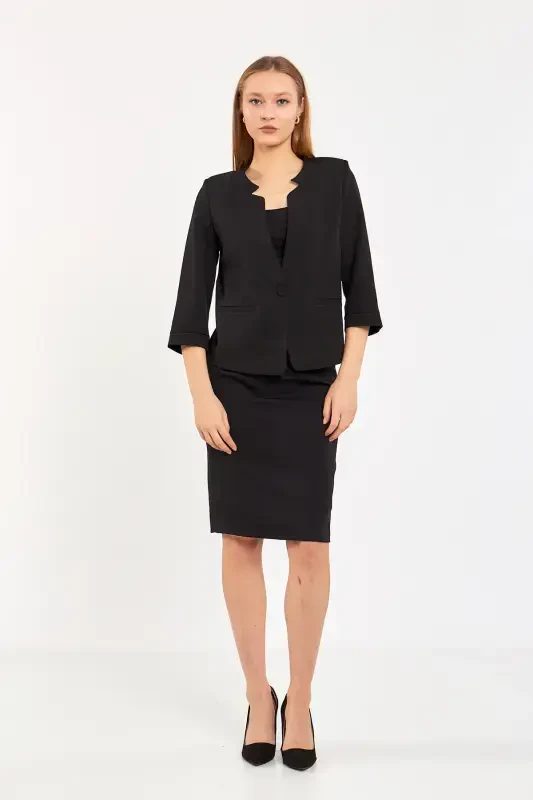 Half Sleeve Jacket Skirt Suit-Black - Modazone